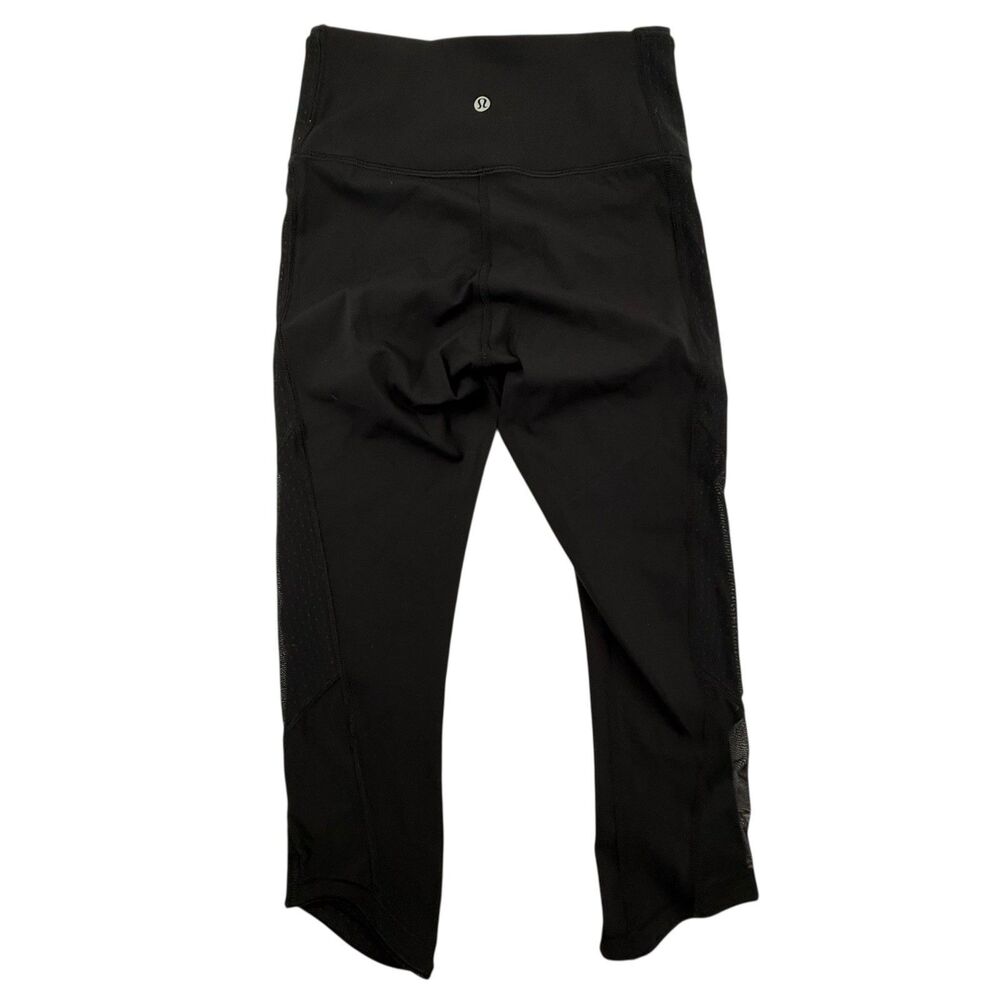 Lululemon Swiss Dot Lace Mesh Sides Cropped Leggings Women Size 6 Black Yoga